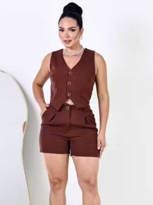 Conjunto Social Feminino tecido Alfaiataria shorts e colete