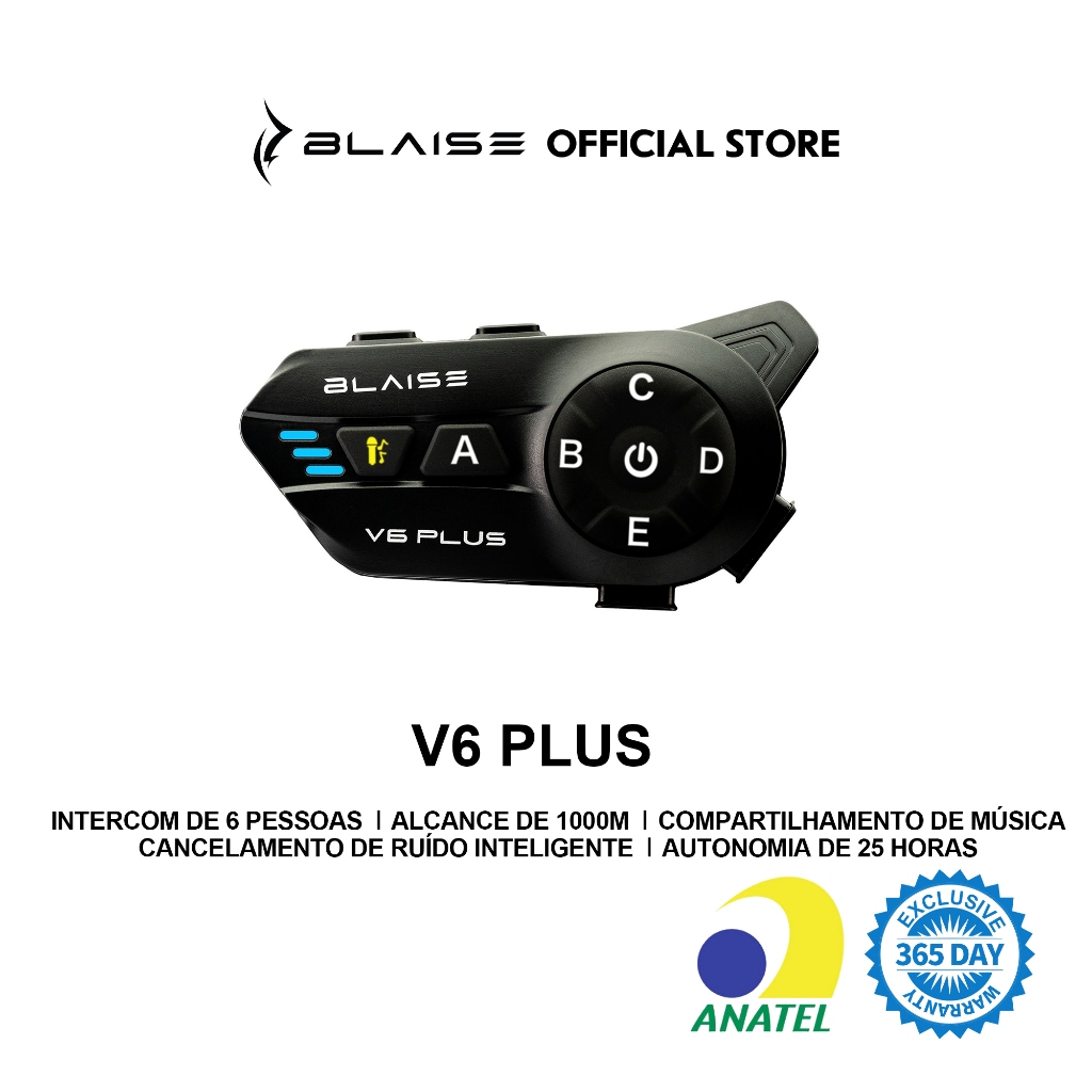 intercomunicador Capacete Blaise V6 PLUS/Assistente de AI/Intercomunicação em grupo de 6 p/15h/IPX6