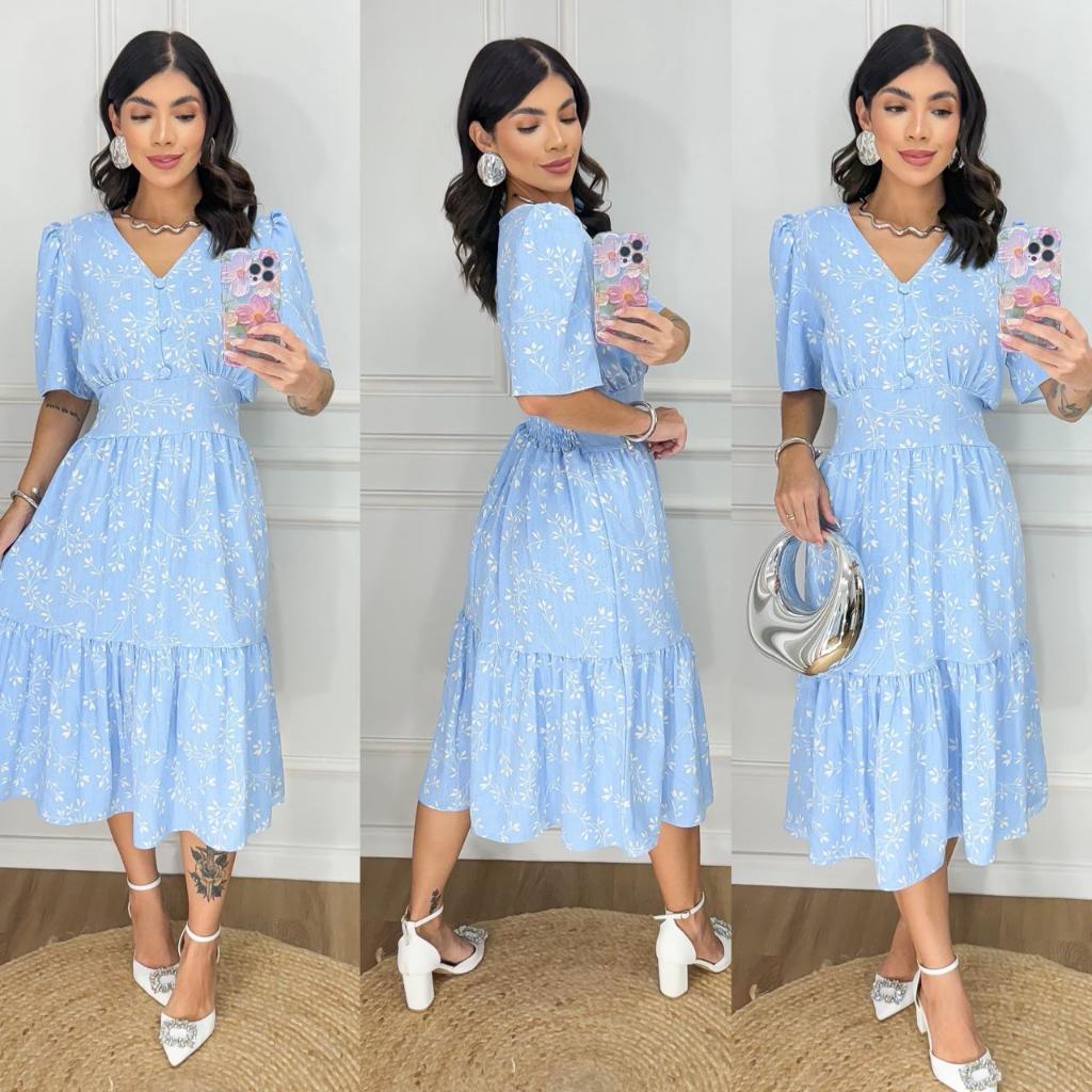 Vestido Midi Estampado com Elastex nas costas