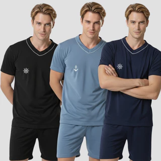 Pijama Masculino Adulto Curto Gola V + Bermuda | Malha Leve | Verão em Oferta na Shopee