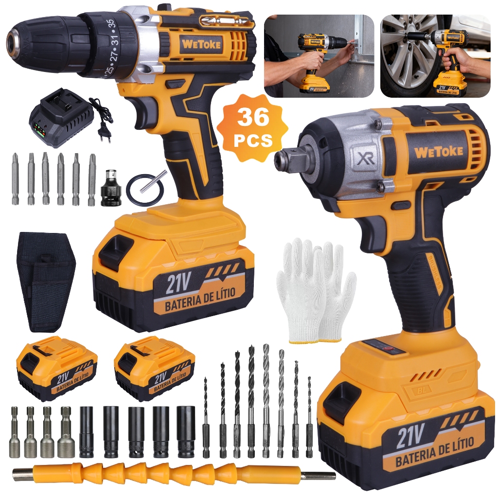 Kit Chave De Impacto + Furadeira 21v Sem Fio Profissional Amarelo