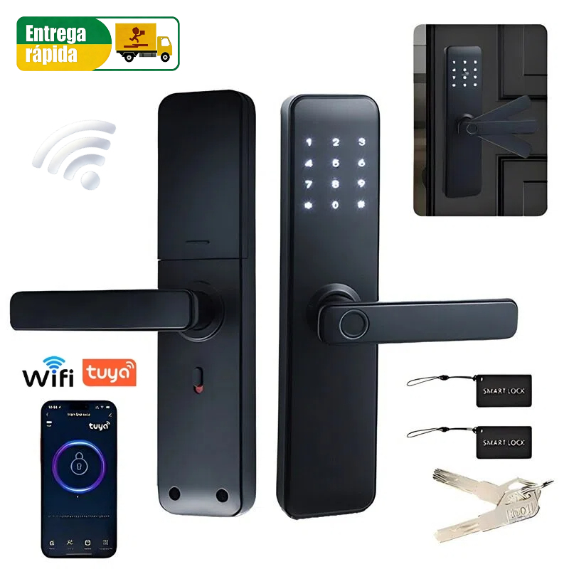 Fechadura Digital Wi-Fi Tuya 5 em 1 Preta com Biometria