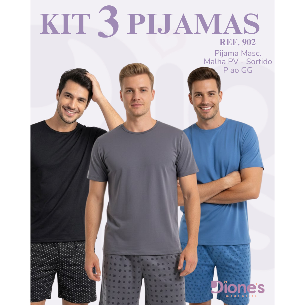 Kit Combo c/ 3 Pijamas Masculino Blusa e Short Verão Malha Premium Confortável Reforçado Promoção em Oferta na Shopee