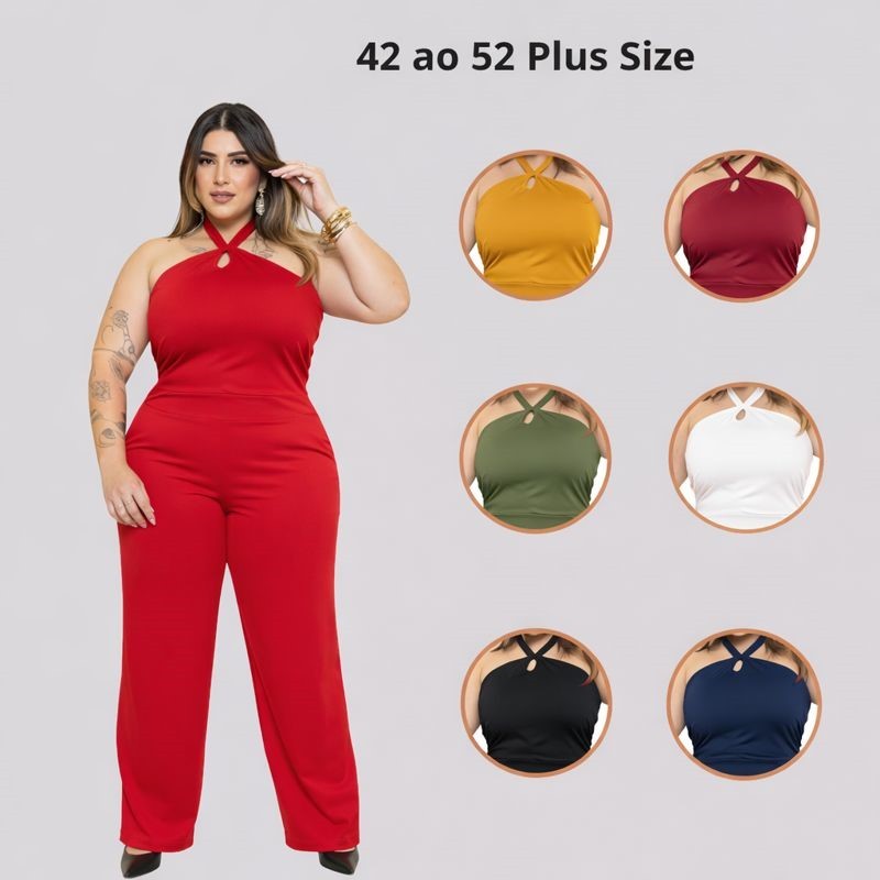 Macacão Longo Plus Size Feminino Soltinho Laço com Botões Macaquinho ...