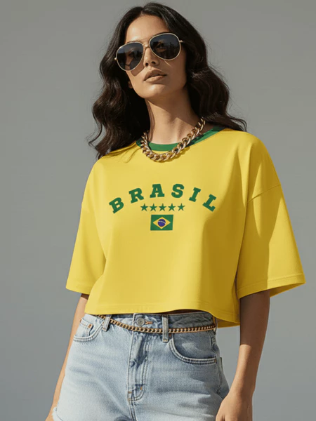 Cropped oversized feminino com estampa da Bandeira do Brasil na Copa do Mundo, algodão 100%