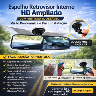 Espelho Retrovisor Interno Universal Ajustável Com Ventosa