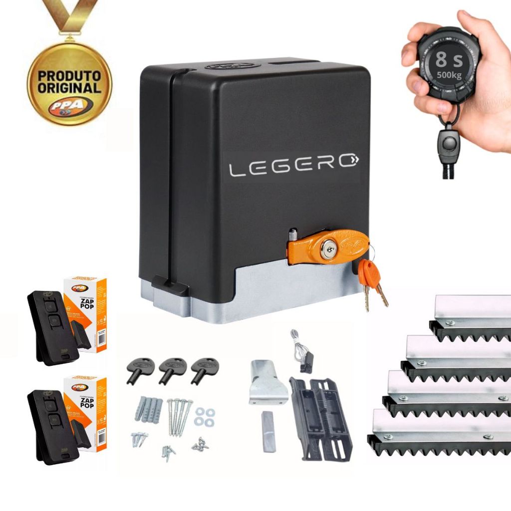 Kit Motor para Portão Eletrônico Dz Stark Legero 1/3 Cv 500kg 3m Cremalheira - Ppa