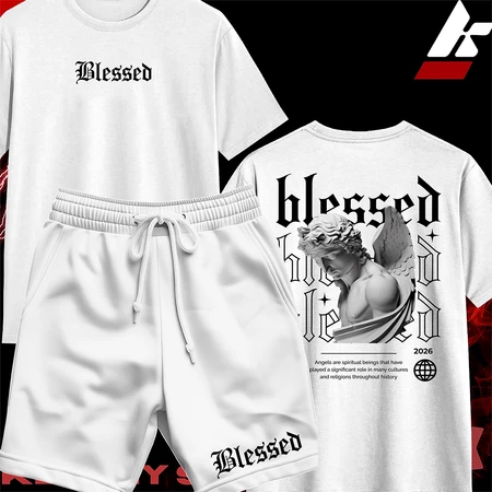 KIT Camisa Streetwear 100% Algodão e Bermuda Mauricinho Unissex Estampa ANJO BLESSED