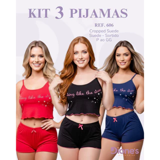 Kit c/ 3 Pijama Baby Doll Virginia Suede Cropped Blusa e Short Conjunto Sortido Sensual Envio Rápido em Oferta na Shopee