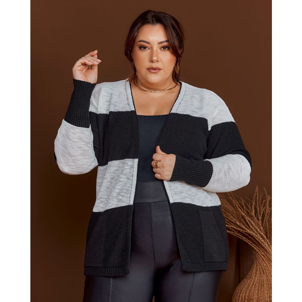 Casaco Cardigan Com Bolso Plus Size Lista Larga Tricô | Shopee Brasil