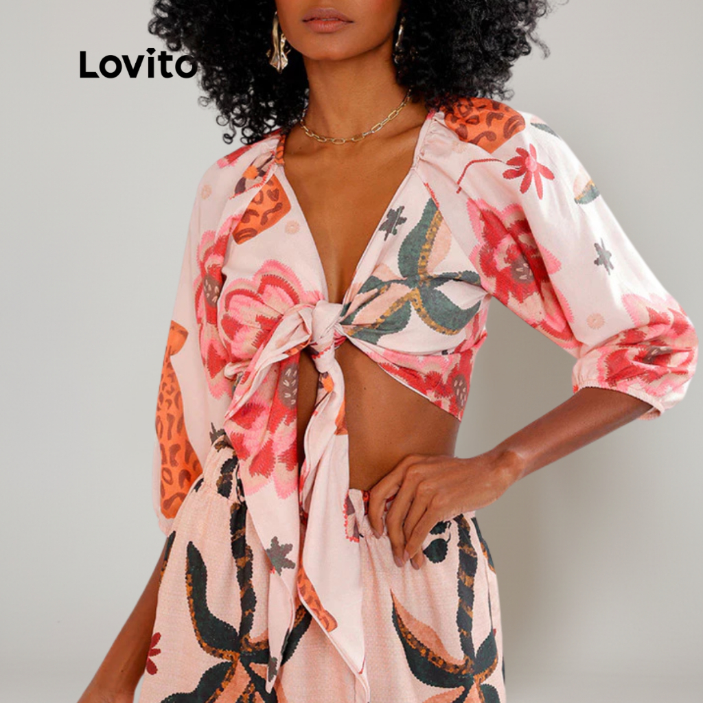 Lovito Bossa I Top Feminino Cropped Boho Amarração Frontal e Estampa Floral LB478BRL508