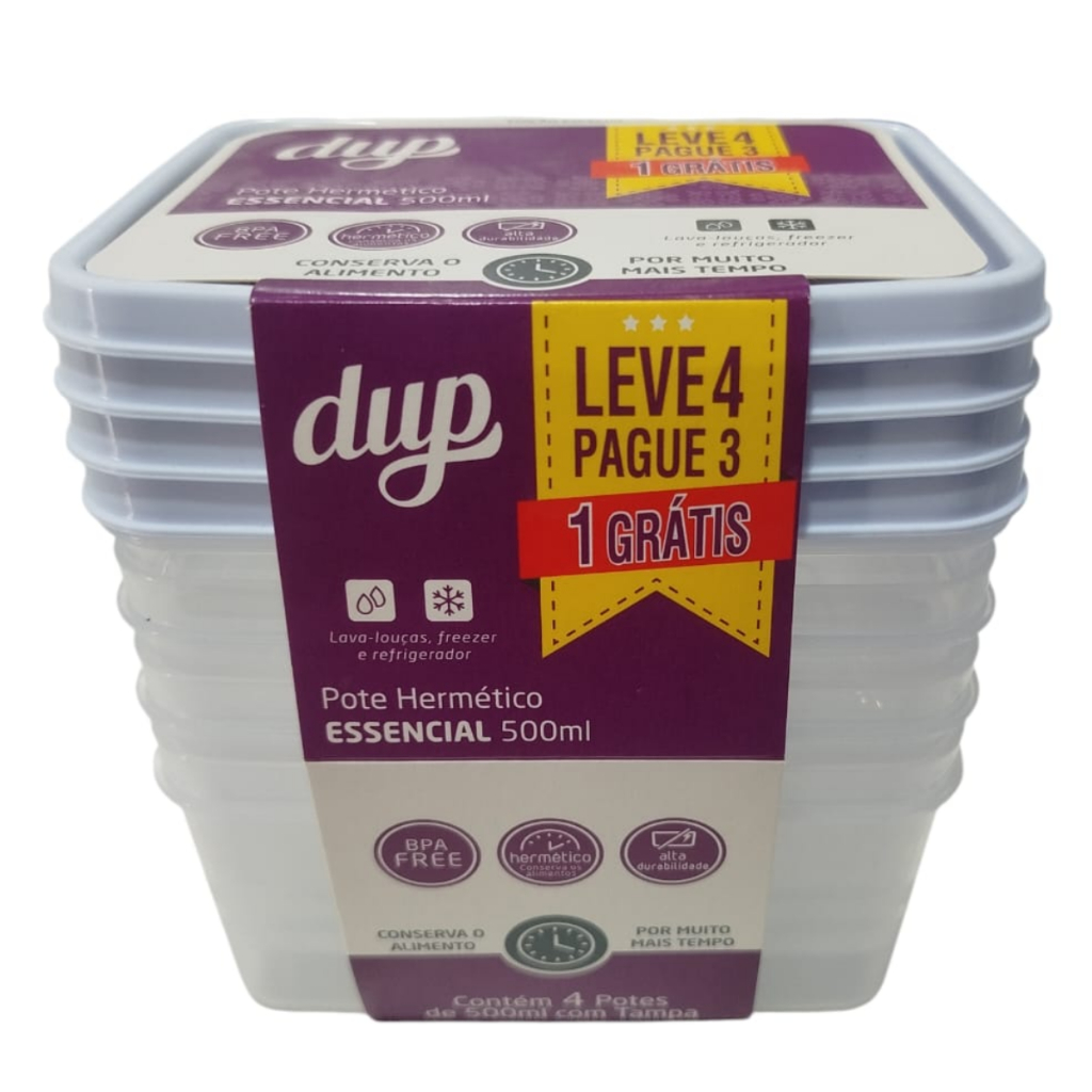Kit 4 Potes Cristal Herméticos DUP Essencial 500ml Plástico Livre