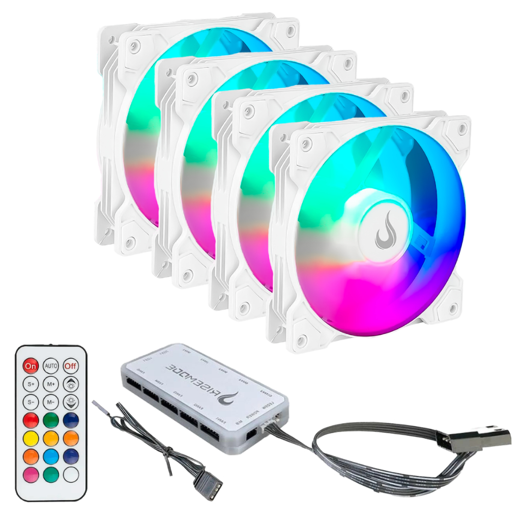 Kit 4 Fans Cooler Ventoinhas Pc Gamer Rise Mode Z White Argb C/ Controladora Hub Branco