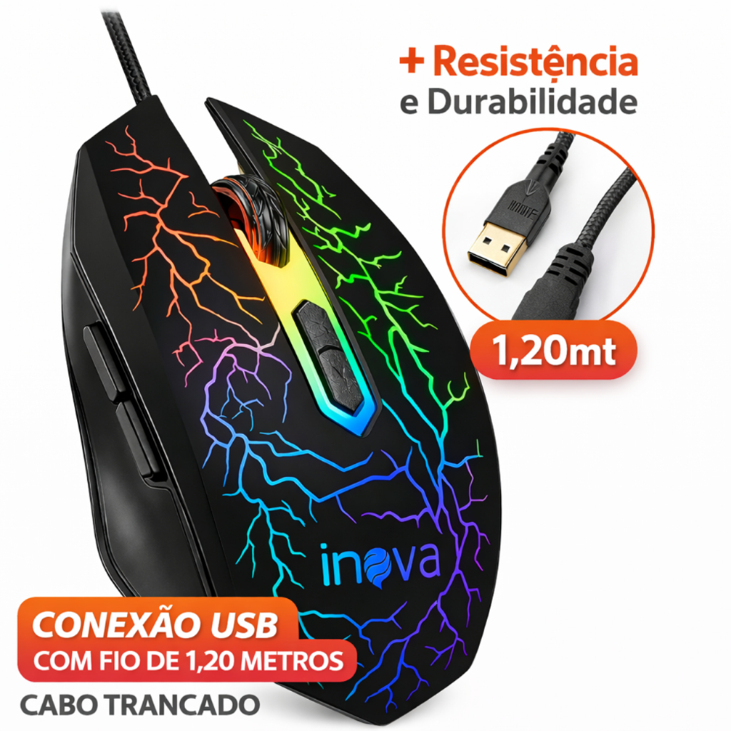 Mouse Gamer Com Fio USB 1200 até 2400 DPI Design Ergonômico RGB ...