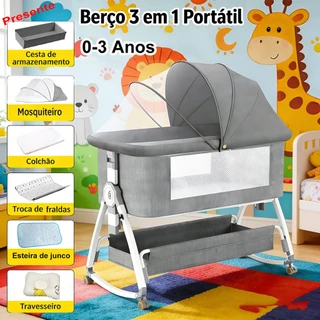 Berço Moises 0 a 3 Anos Portátil com Balanço Mesa de Fraldas Mosquiteiro e Altura Ajustável