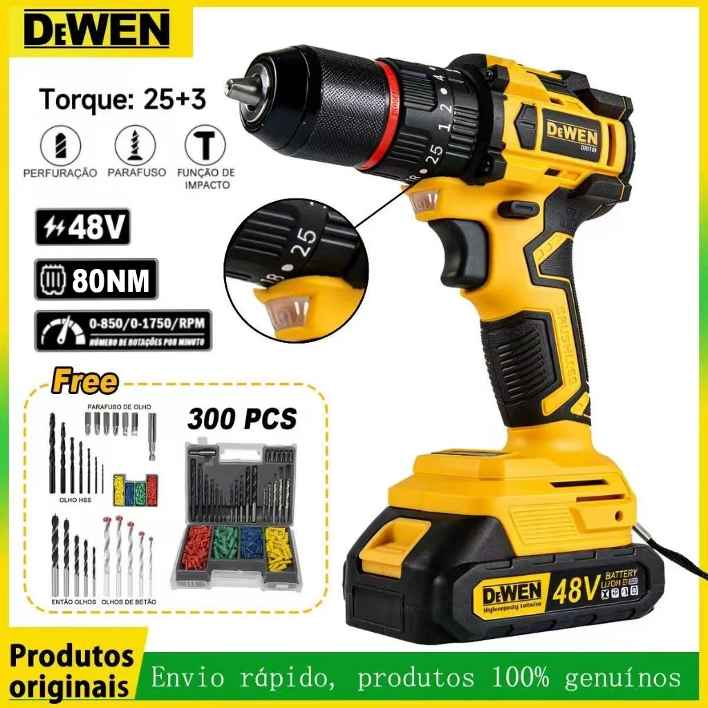 Parafusadeira Furadeira de Impacto Sem Fio 48V mandril de Metal 2 Baterias Presente 300pcs Jogo De Brocas Bits e Buchas