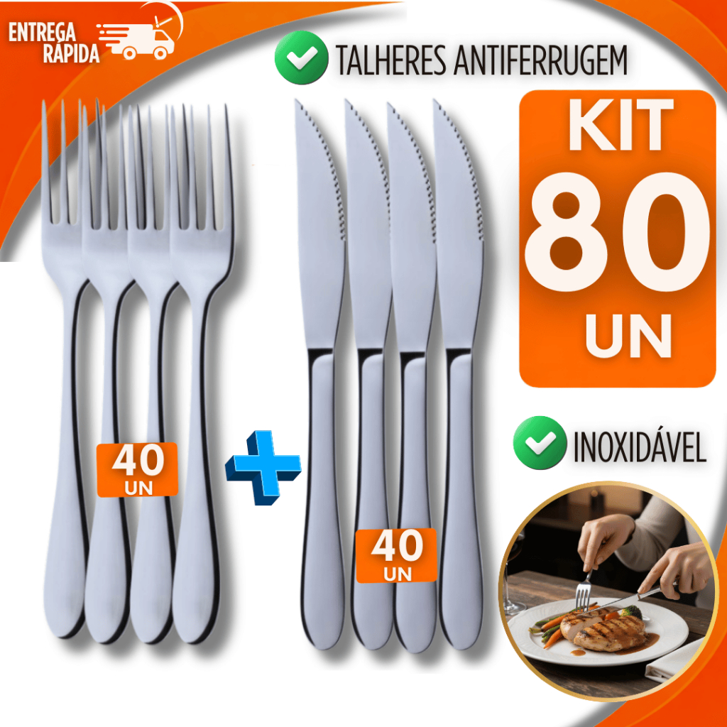 KIT 80 Talheres Inox 40 Garfo 40 Faca Premium Cozinha Buffet Restaurante Casa Eventos Multiuso