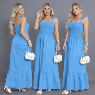 Vestido Femenino Longo Duna Premium com Alças Reguláveis e Lastex em Oferta na Shopee