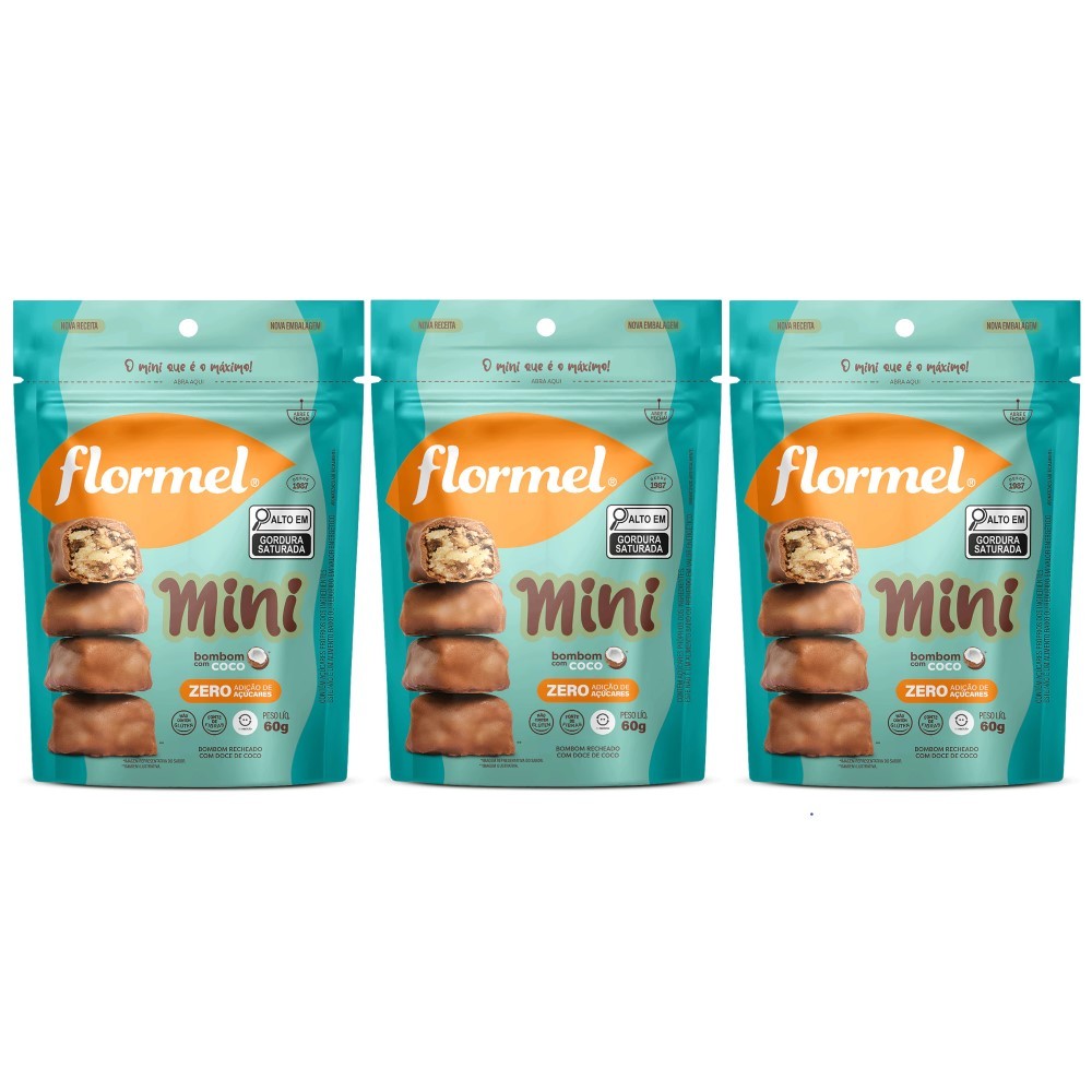 Kit 3 Pacotes Mini Bombom de Chocolate ao Leite com Coco Flormel Zero ...