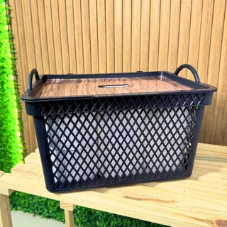 Elegância que Organiza: Caixa Organizadora Preta 20L com Tampa de Detalhe Amadeirado em Oferta na Shopee