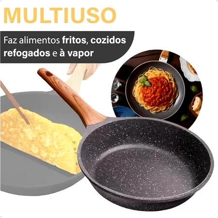Frigideira antiaderente de alumínio revestimento cerâmico premium funda cabo madeira não gruda 24/28cm