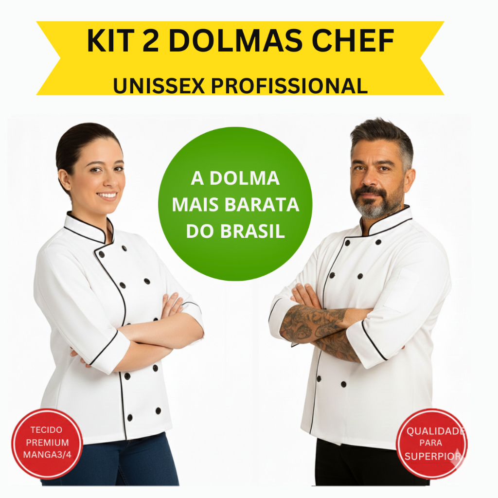 Kit 2 Dolmas Chef Cozinha uniforme Profissional Unissex Gola