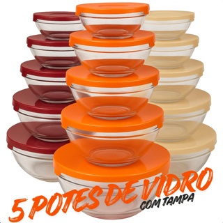 Kit com 5 Potes de Vidro tigela com Tampa –135 ml, 200 ml, 400 ml, 550 ml, 1000 ml|alimentos