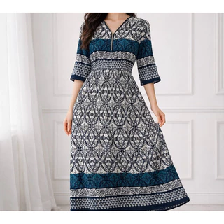 Vestido Longo Estampado Feminino Manga Média com Zíper e Cintura Elástica em Oferta na Shopee