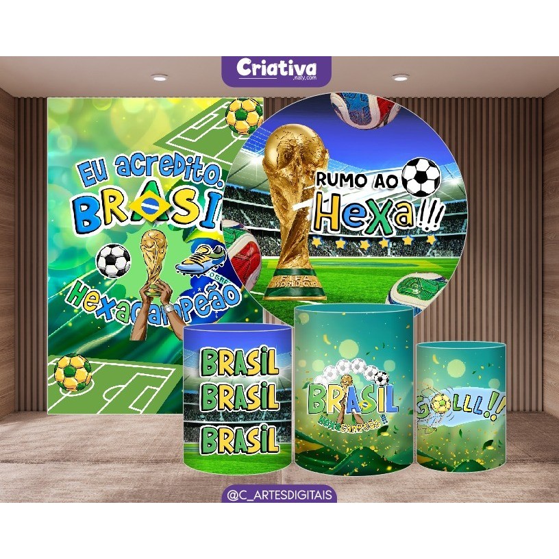 Super Kit Painel de Festa Brasil Copa do Mundo - Ruma Ao Hexa Em Tecido Sublimad