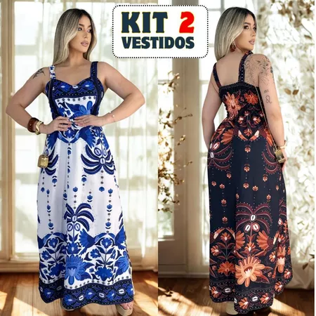 Conjunto 2 Vestidos Longos Femininos com Bojo Liso Floral Ajustáveis Elegante Confortável
