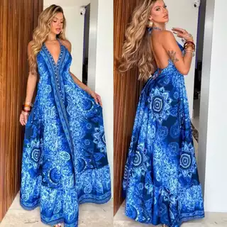 Vestido feminino INDIANO ESTAMPADO LONGO FRENTE Única e costa Nua, ELEGANTE em Oferta na Shopee
