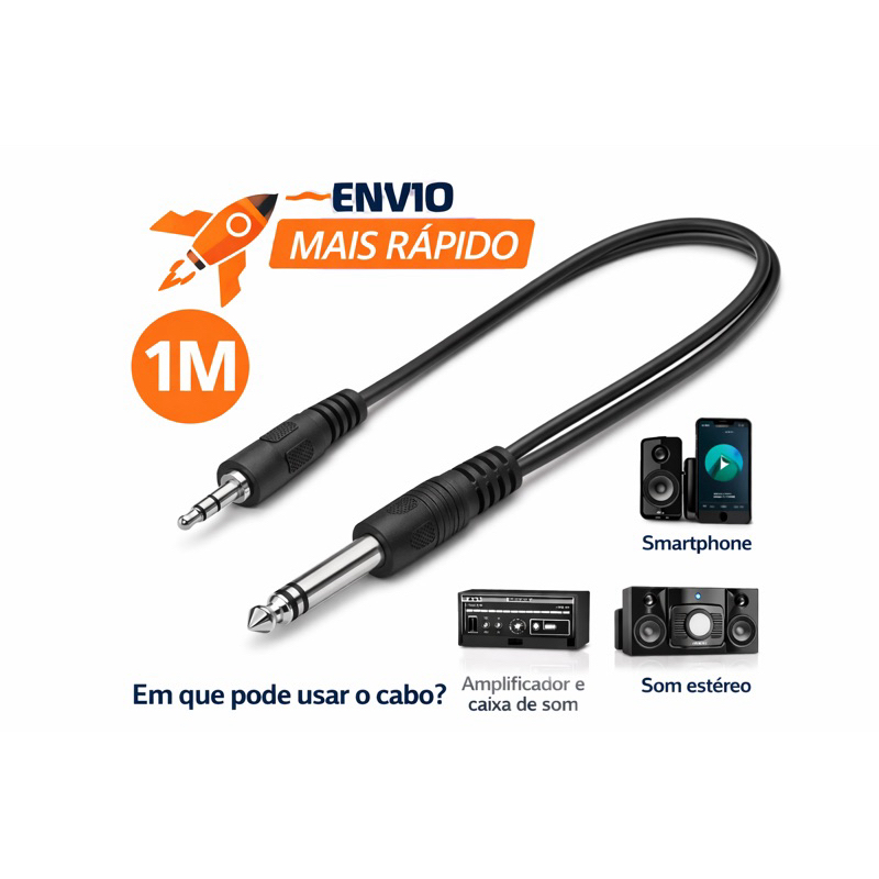 Cabo P2 para P10 Estéreo Profissional 1,8m/3m Mesa de Som Microfone ...