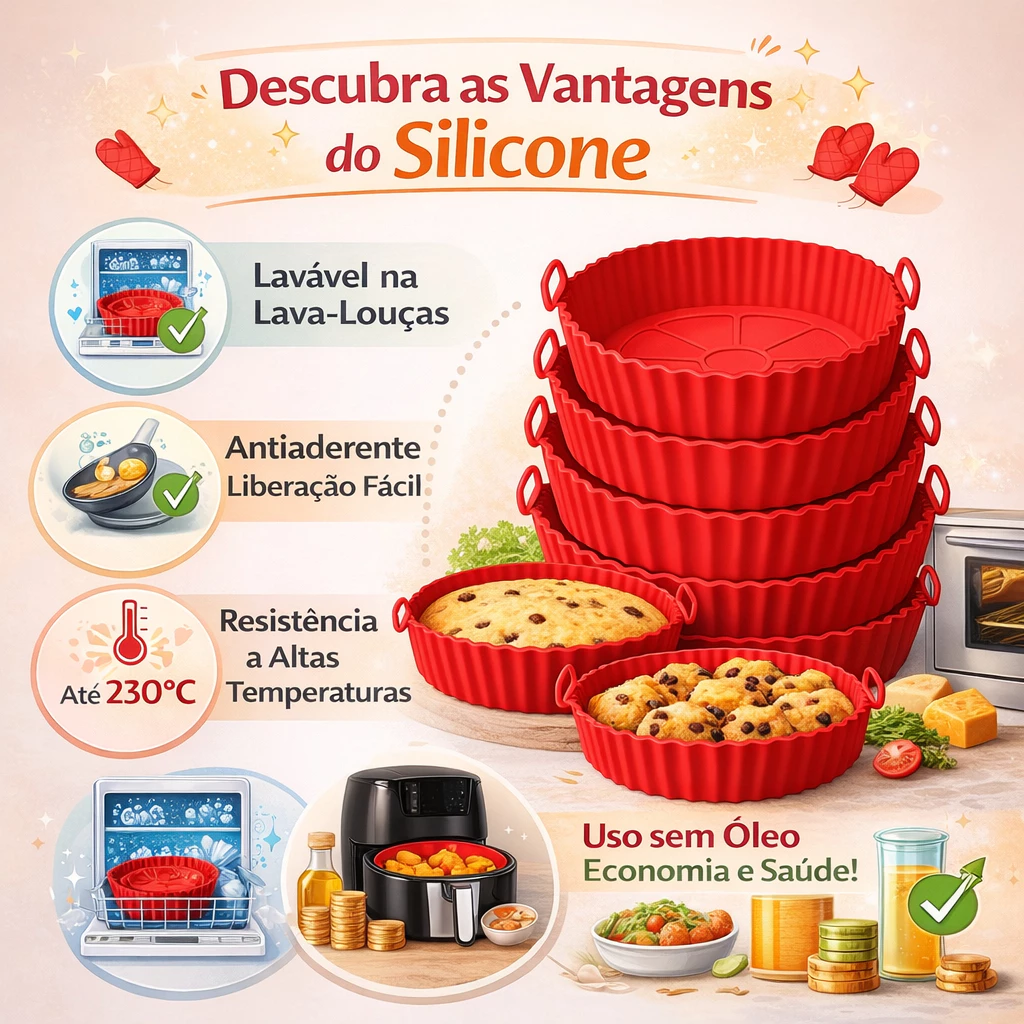 Kit 6 Forma de Silicone para Fritadeira Air Fryer com Alça Antiaderente Cozinha
