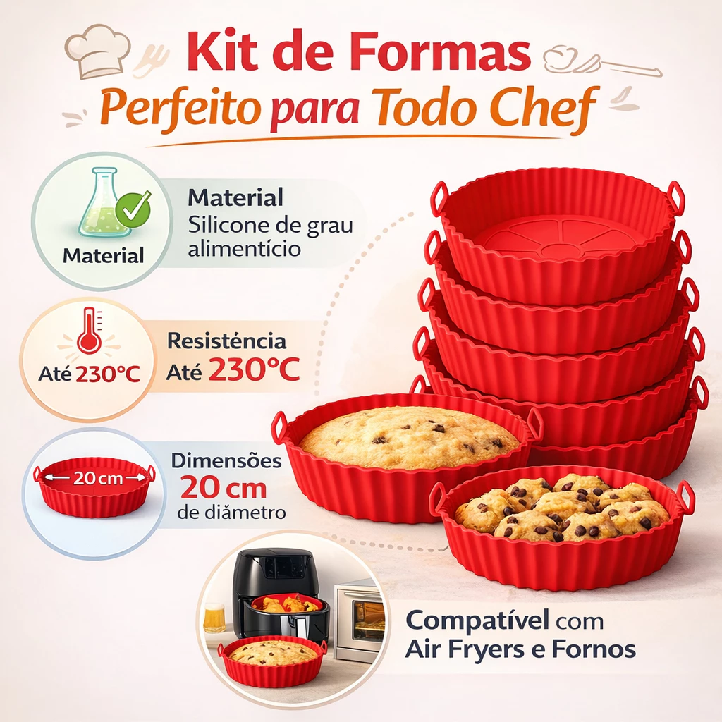 Kit 6 Forma de Silicone para Fritadeira Air Fryer com Alça Antiaderente Cozinha