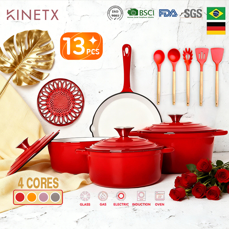 Jogo de Panelas 13 Peças Ferro Fundido Esmaltado Premium Alta Resistência Antibacteria Mantenha aquecido e fresco