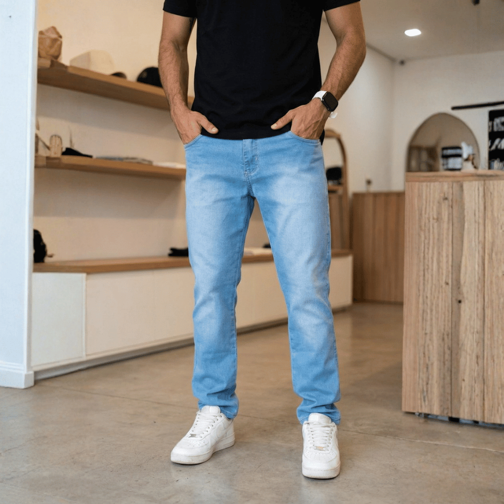 Calça Jeans Masculina Clara Tradicional Corte Reto Lavagem Ice Blue ...