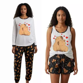 KIT 2 Pijamas Feminino Infantil 1 Longo e 1 Curto Verão Inverno Estampa Capivara em Oferta na Shopee