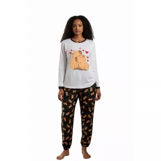 Pijama longo infantil de frio estampa da capivara malha em Oferta na Shopee