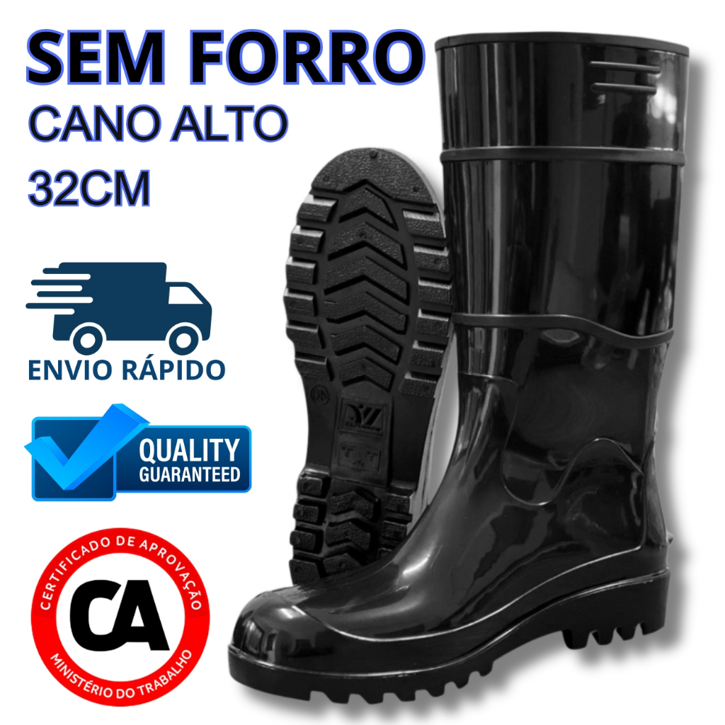 PVC Galocha Unissex Preta 32cm Cano Longo Impermeável Industrial Sem Forro Ideal Lavagem Chuva
