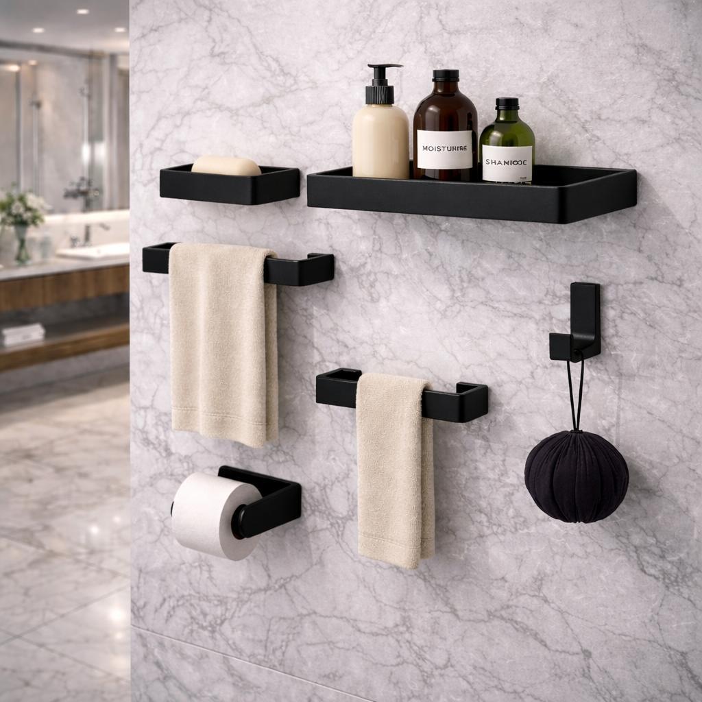 Kit Acessórios Para Banheiro Preto Fosco 6 Peças MAX Moderno
