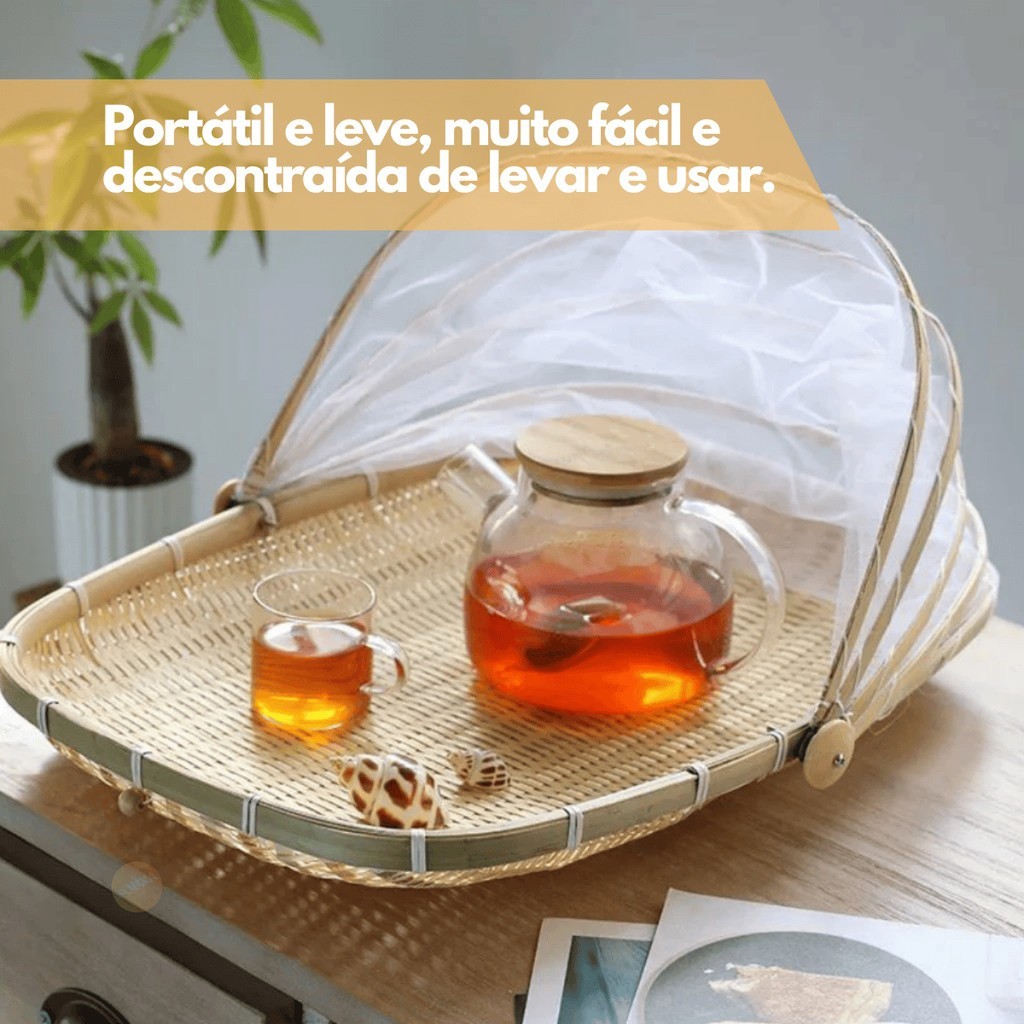 Cesto Porta Pães Bolo FRUTAS Bambu Cobertura Tela Retrátil 4