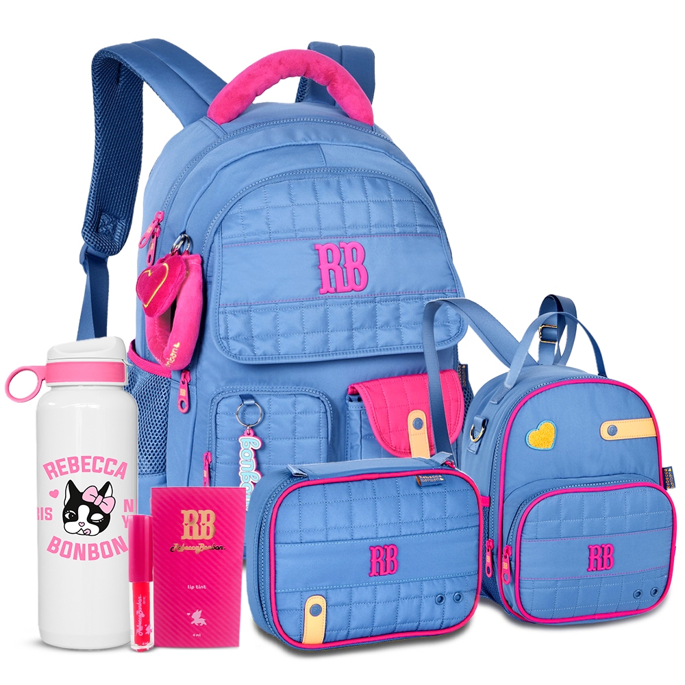 Kit Mochila Costas Rebecca Bonbon Chaveiro Pelúcia Estojo Box Lancheira Térmica Bolso Anti-Furto