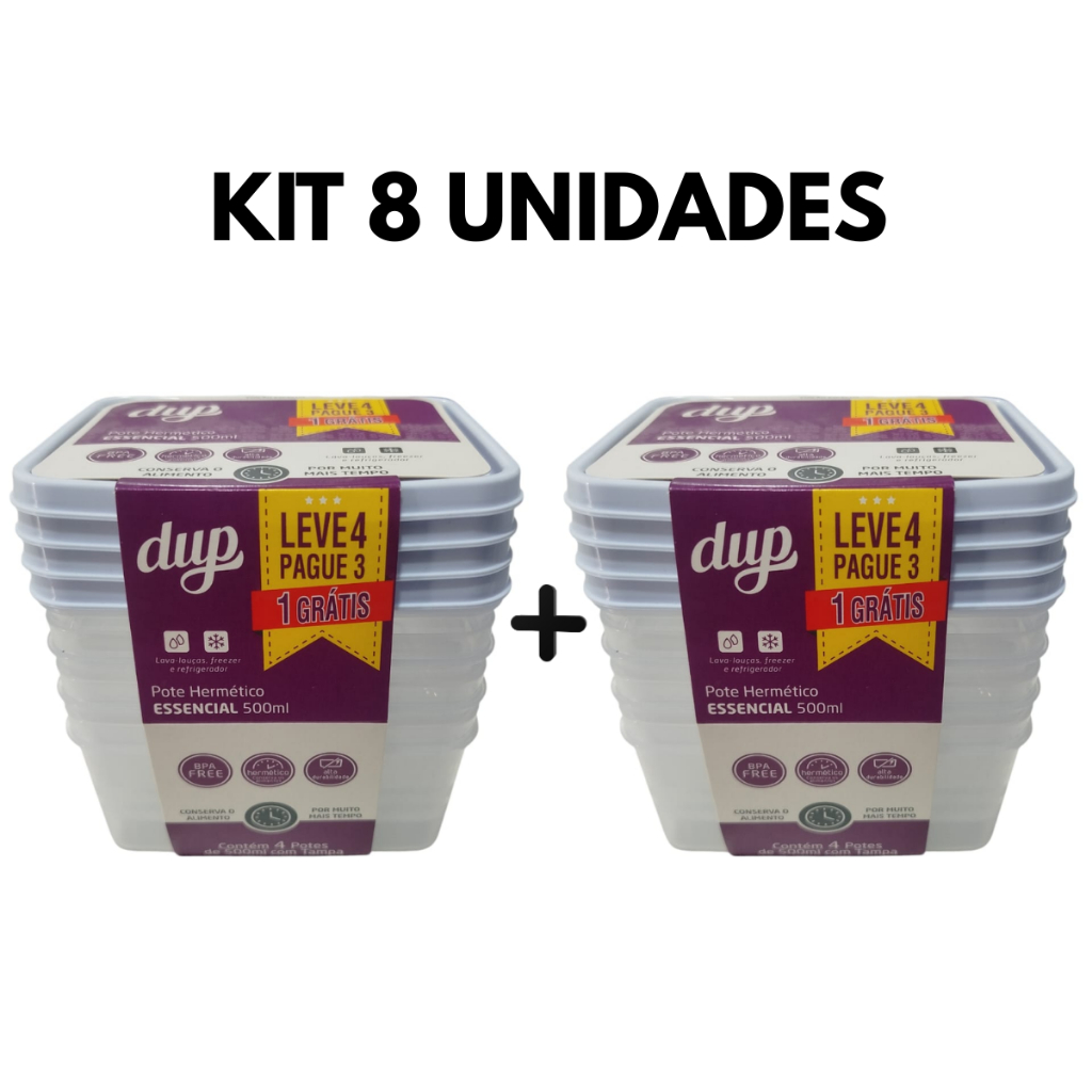 Kit 8 Potes Herméticos DUP Essencial 500ml Plástico Livre de BPA