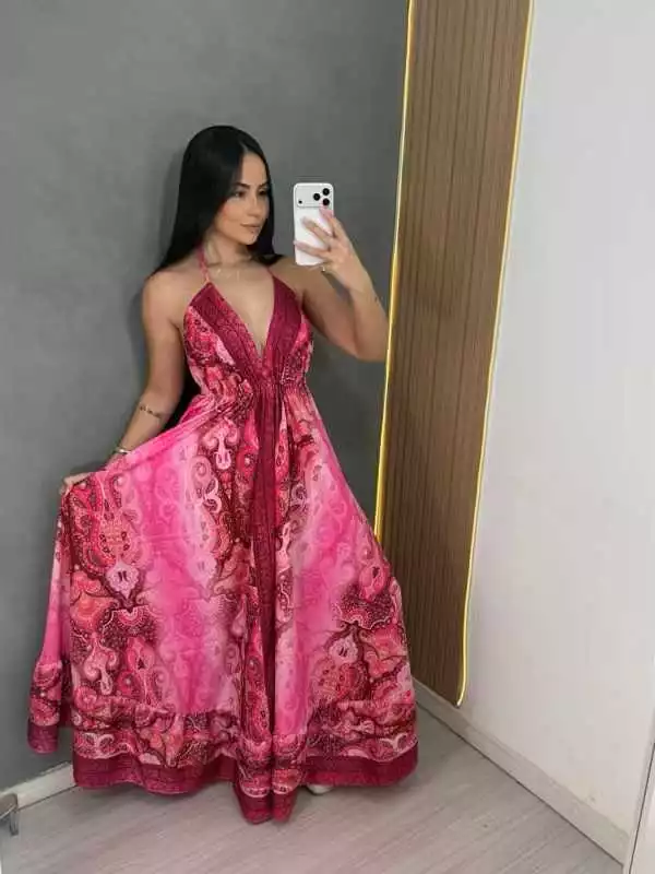 Vestido Indiano longo ESTAMPADO LONGO FRENTE Única e costa Nua, ELEGANTE