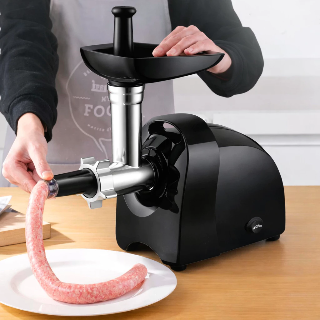 Pessoa usando moedor de carne elétrico preto para fazer linguiça em uma cozinha.