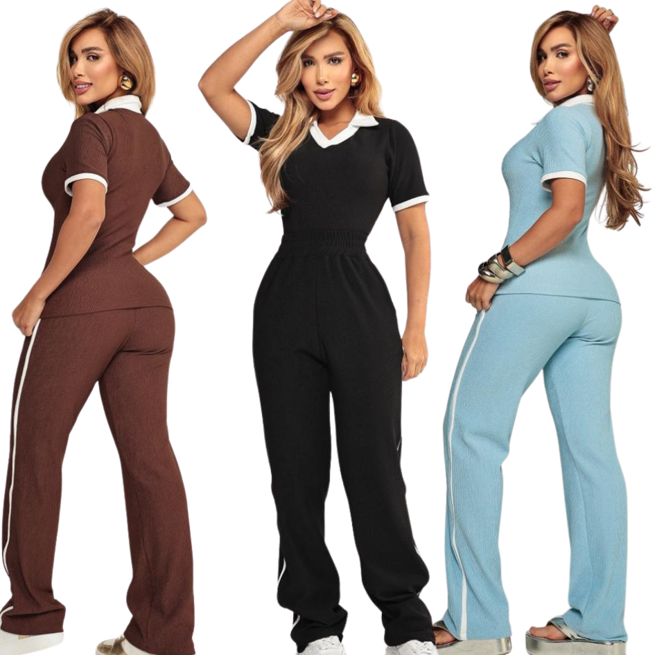 Conjunto Feminino Gola Polo E Calça Malha Ana Ruga Aerolook