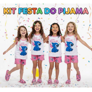 KIT FESTA DO PIJAMA REGATA STICH BABY DOLL FEMININO INFANTIL em Oferta na Shopee