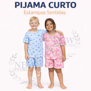 Pijama Infantil Unissex 100% Algodão 02 ao 10 Short e Manga Curta Confortável Estampas Divertidas em Oferta na Shopee