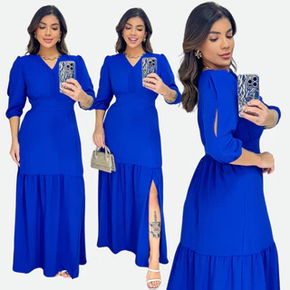 Vestido manga 3/4 com fenda longo feminino tecido Duna abertura nas mangas moda evangélica festa vestido feminino em Oferta na Shopee