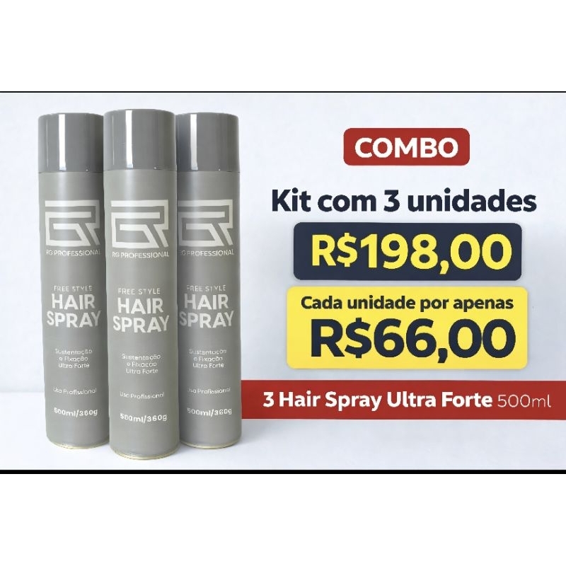 Kit com 3 Hair Spray Ultra Forte RG Professional – 500ml | Shopee Brasil